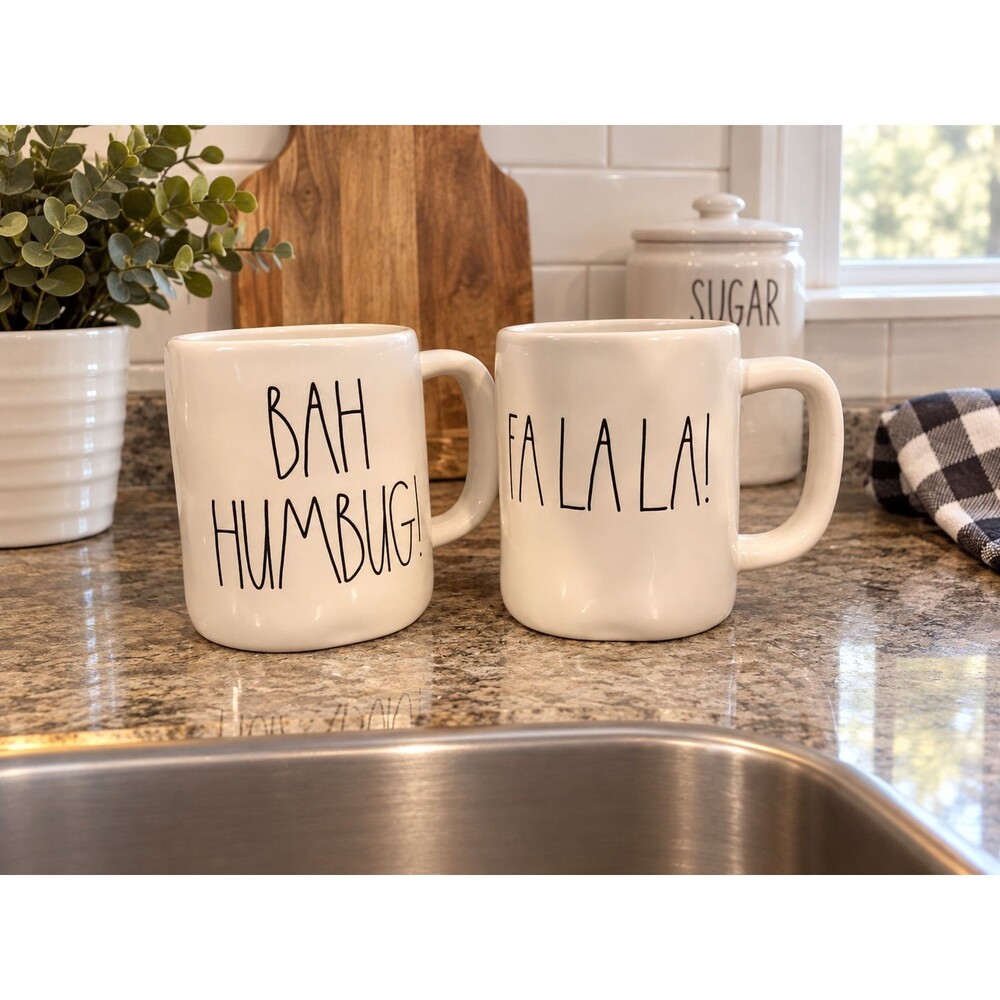 Rae Dunn Set of 2 Fa La La!  And Bah Humbug Christmas Holiday Coffee Mugs